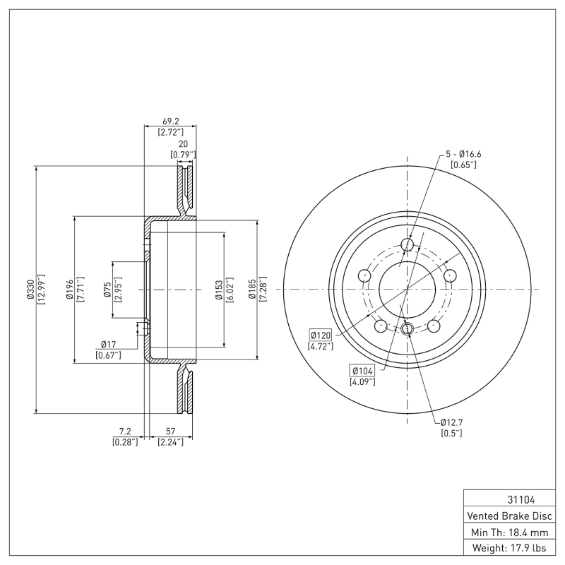 BMW 535D Brake Rotor (1) - Rear - R1 Concepts - Plain - `11-`16